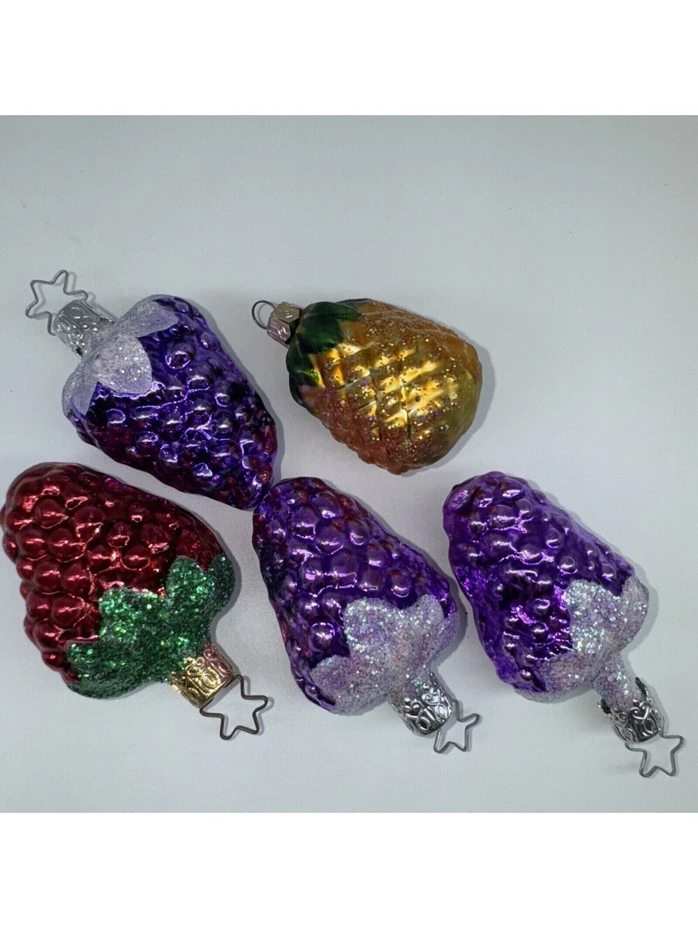 5 Vintage West Germany Glass Ornaments Grapes Strawberry Pineapple 2.25